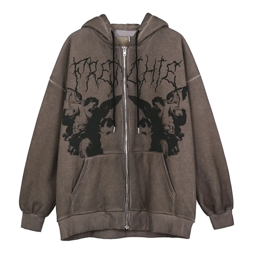 Hooded Jackets Graffiti Angel Print Brev Broderi Fashion Tjock Fleece Hoodies Coat Tops Outwear 211014