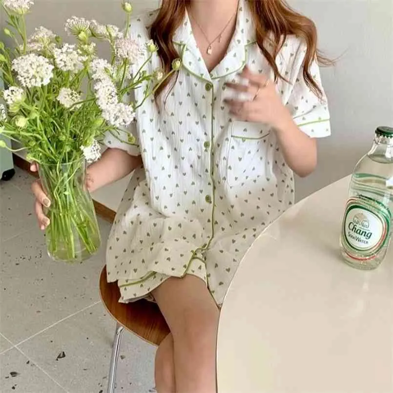Qweekコットンスリーウェア女性韓国のパジャマの女の子夏のパジャマレディースハートプリントピジャマス半袖ツーピースセット210809