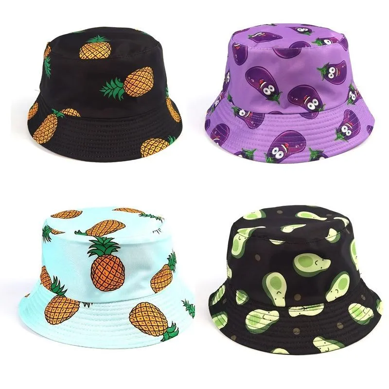 Wide Brim Hats Ladies Banana Pineapple Eggplant Fruit Print Bucket Hat Girl Cute 2021 Outdoor Shopping Sun Hip Hop Beach Bob Gorros