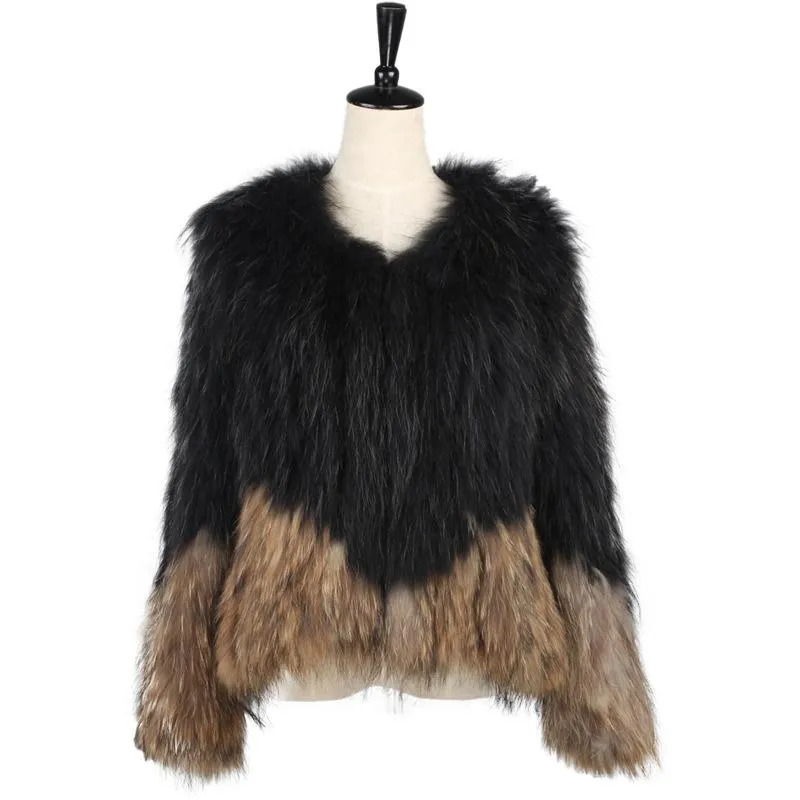 Gilet da donna Style Natural Raccoon Jacket Cappotto da donna in vera pelliccia lavorata a maglia W Hit Color Girocollo Warm Giacca Donna In Pelle Vera