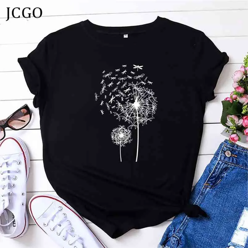 JCGO Summer Women T shirt Cotton Plus Size 5XL Short Sleeve Dragonfly Dandelion Print Female Loose Casual Large t-shirt Top Tees 210623