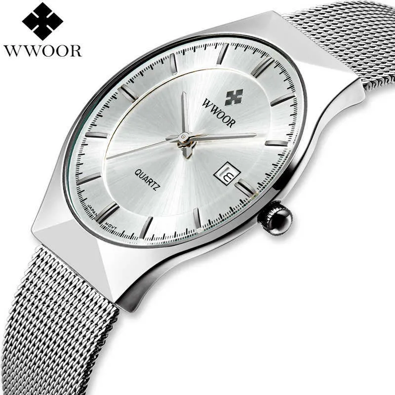 Wwoor Marka Mężczyźni Zegarki Kwarc Data Analogowy Japonia Ruch Ultra Cienkie Wodoodporne Steel Slim Slim Mężczyzna Wrist Watch Srebrny dla mężczyzn X0625