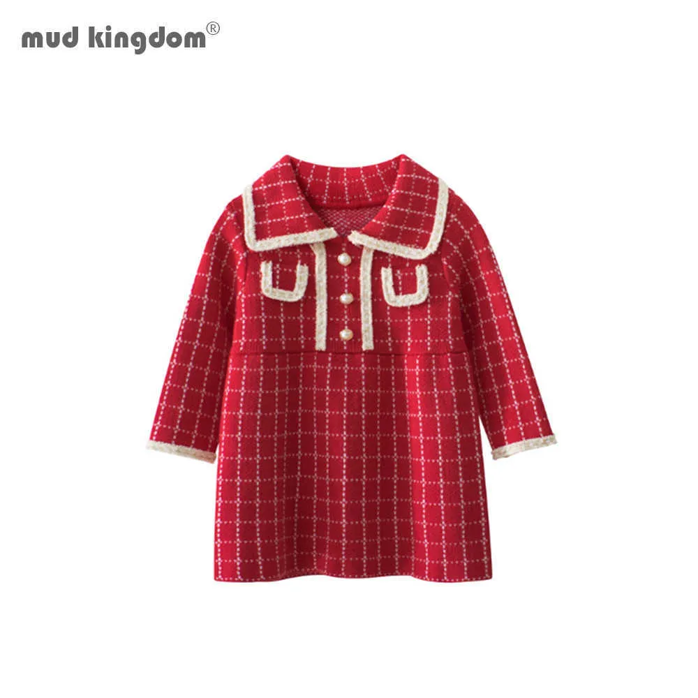 Mudkingdom Vestiti per neonate Abito maglione lavorato a maglia Primavera Autunno Colletto rovesciato Principessa carina 210615