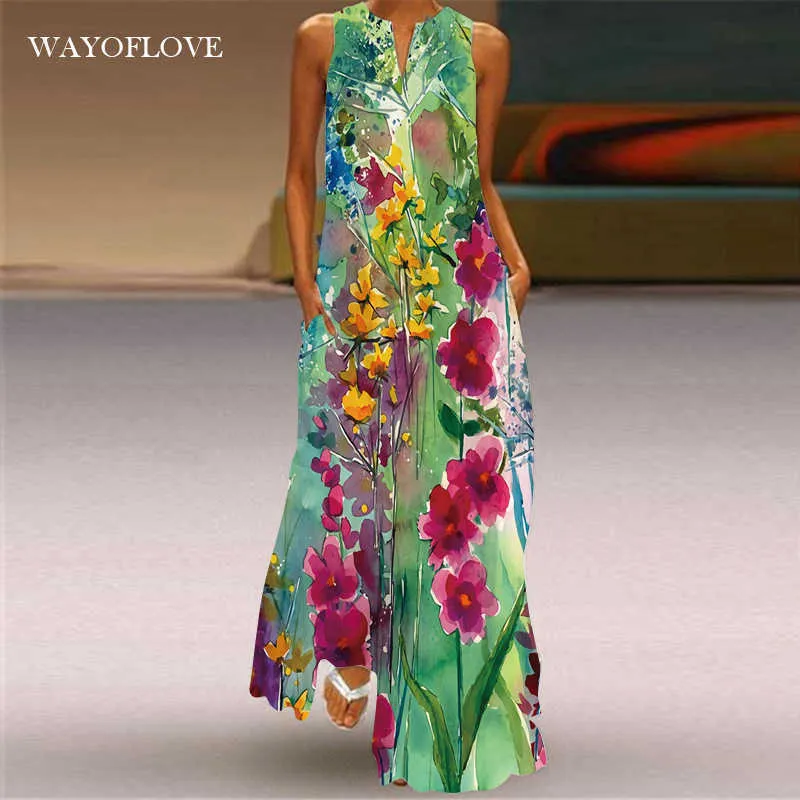 WAYOFLOVE Floral Print Green Dress Women Long Casual Plus Size Dresses Summer Woman Sleeveless Girls Beach Maxi Dress Women 210602