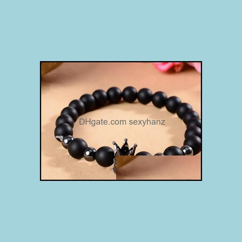 8mm yn33 gold silver crown Frosted agate Onyx nature black stone a micro pave cz zircon cubic zirconia Bracelet Reiki Chakra