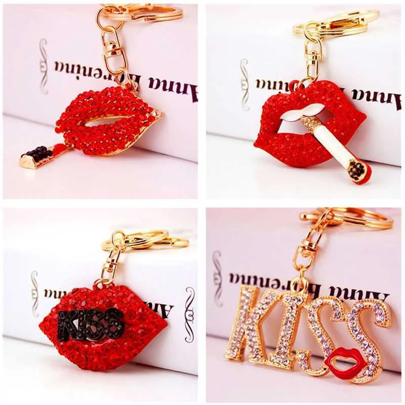 Wholesale Rhinestone Lipstick Mix Mouth Key Holder Bag Jewelry Pendant Car Key Chains G1019