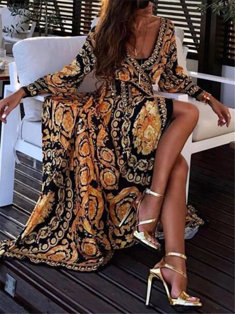 Breathable 2022 hot style retro women's golden flower printing sexy big skirt's hemline fork v-neck dress skirt