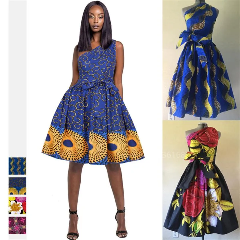 Модное платье этнической одежды для женщин 2021 S Dashiki Print Летние наклонные плечевые износа Bazin Riche на шнуровке пояса дамы африканская одежда
