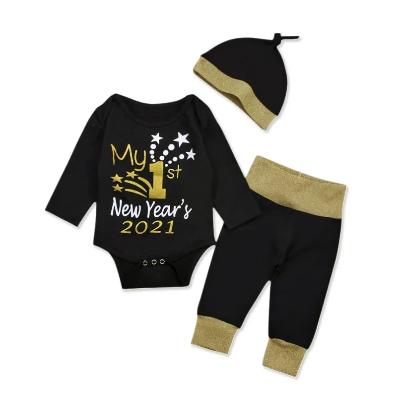 Nouveau-né bébé bébé garçon fille vêtements ensembles 3pcs lettre de printemps imprimée mon 1er nouvel an 2021 à manches longues barboteuse pantalon chapeaux tenue 210226