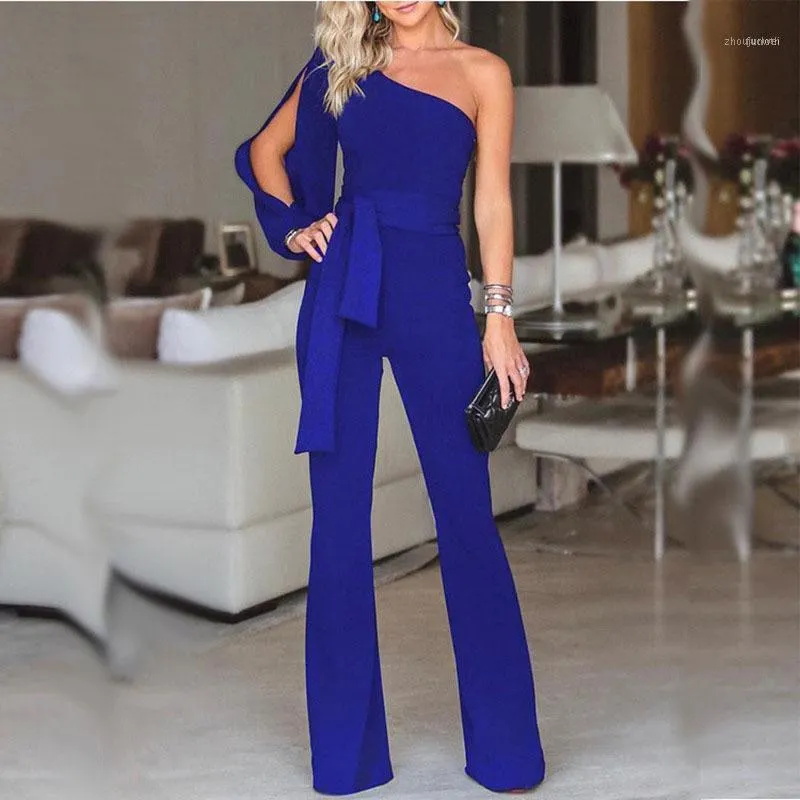 Dame jumpsuit lange vrouwen mouw een schouder romper katoen broek broek modieuze1