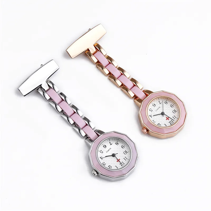 Pinkfarbene Damen-Armbanduhr für Ärzte und Krankenschwestern mit Clip-On-Brosche, Quarzwerk, 5 Stück