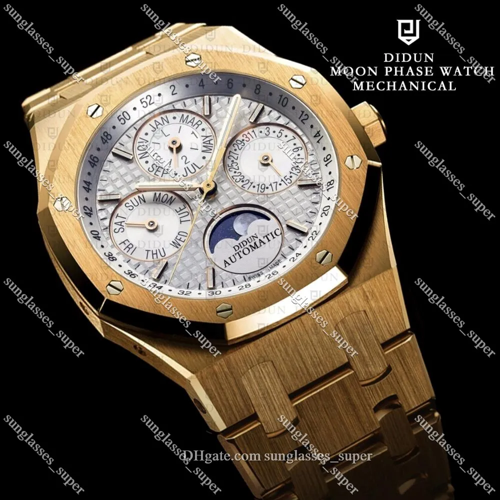 Didun męskie zegarki TOP Automatyczne sprzęt S3 Złoty zegarek Wodoodporna Moonphase ze stali nierdzewnej Bransoletka 234H