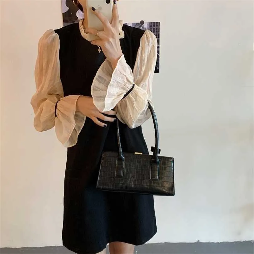 Mujeres francés retro mini vestido patchwork mangas largas suave elegante soporte cuello chic mujer moda vestir 210525