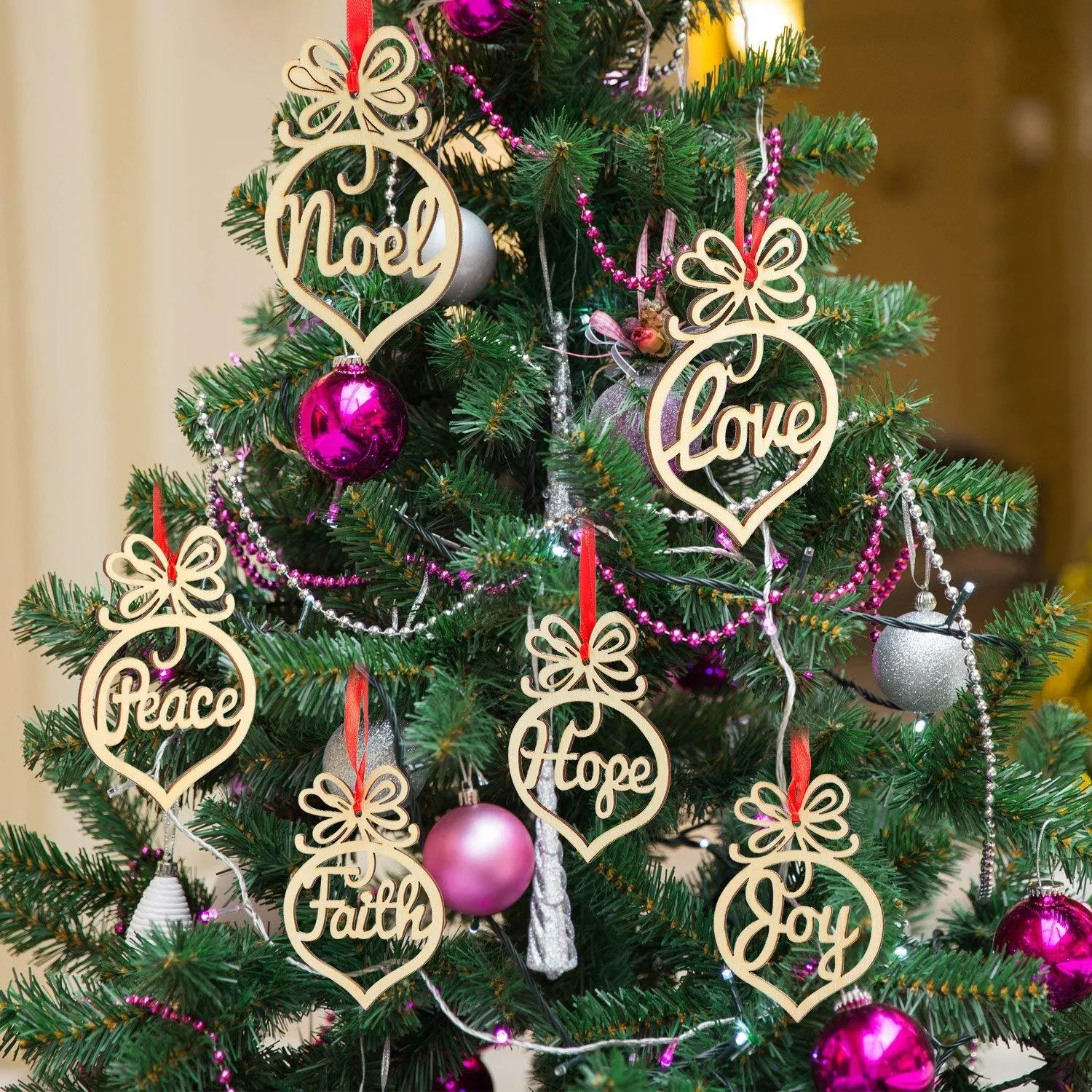 Lettera di Natale in legno Chiesa Cuore Motivo a bolle Ornamento Decorazioni per l'albero di Natale Ornamenti per festival domestici Regalo da appendere, 6 pezzi per busta