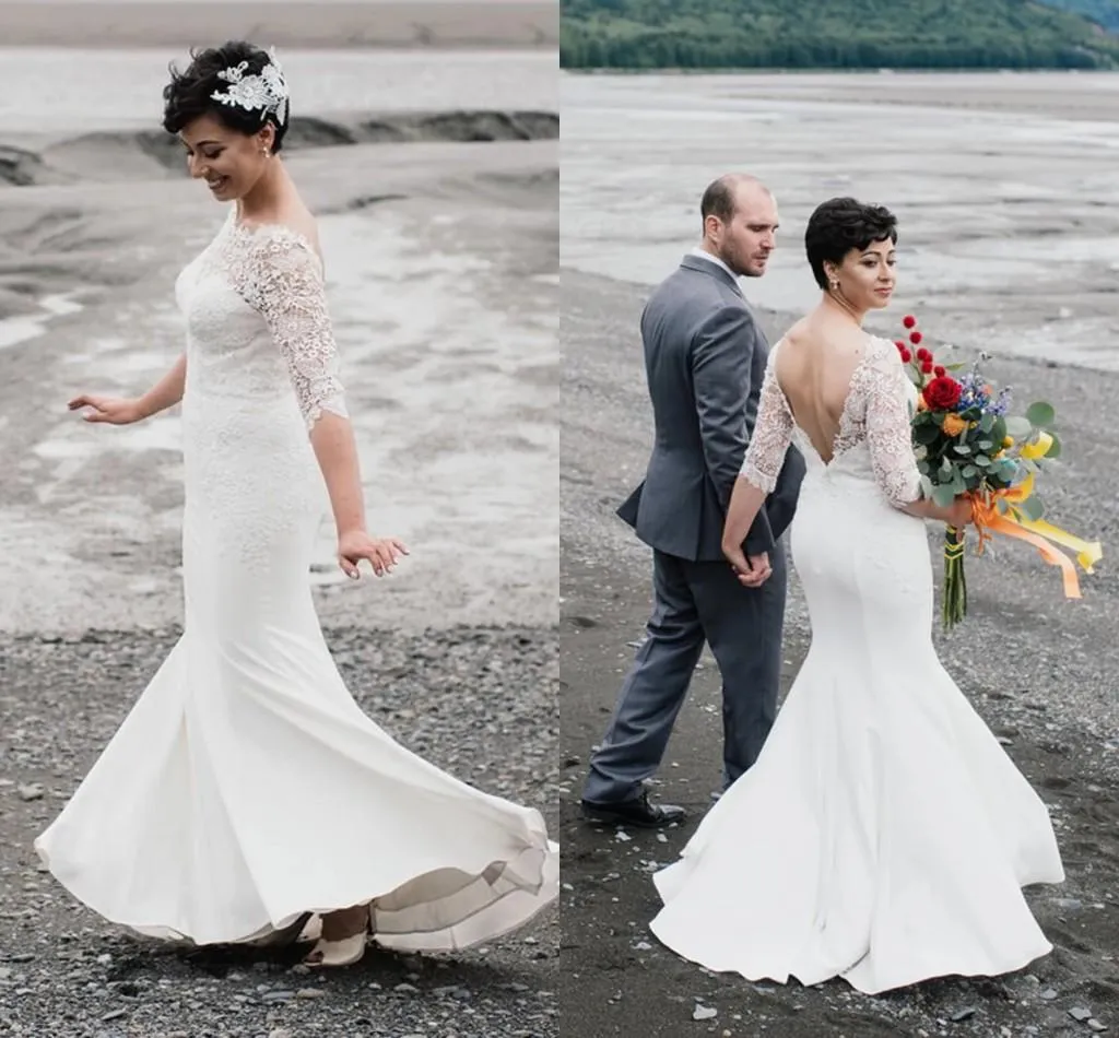 Strandklänningar med 3/4 långa ärmar spets svep tågchiffon skopa backless skräddarsydd bröllopsklänning plus storlek vestido de novia 403