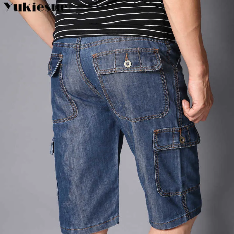 Verão Marca Mens Jeans Denim Shorts Algodão Carga Big Bolso Solto Baggy Largura Pé Bermuda Beach Boardshort Plus Size 210608