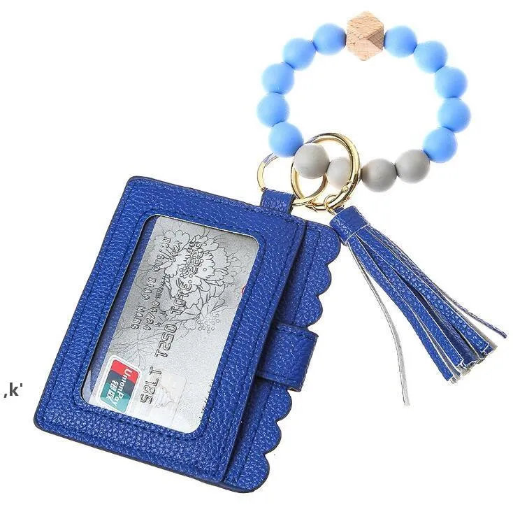 Fashion PU Leather Bracelet Wallet Keychain Party Favor Tassels Bangle Key Ring Holder Card Bag Silicone Beaded Wristlet Keychains LLF14008