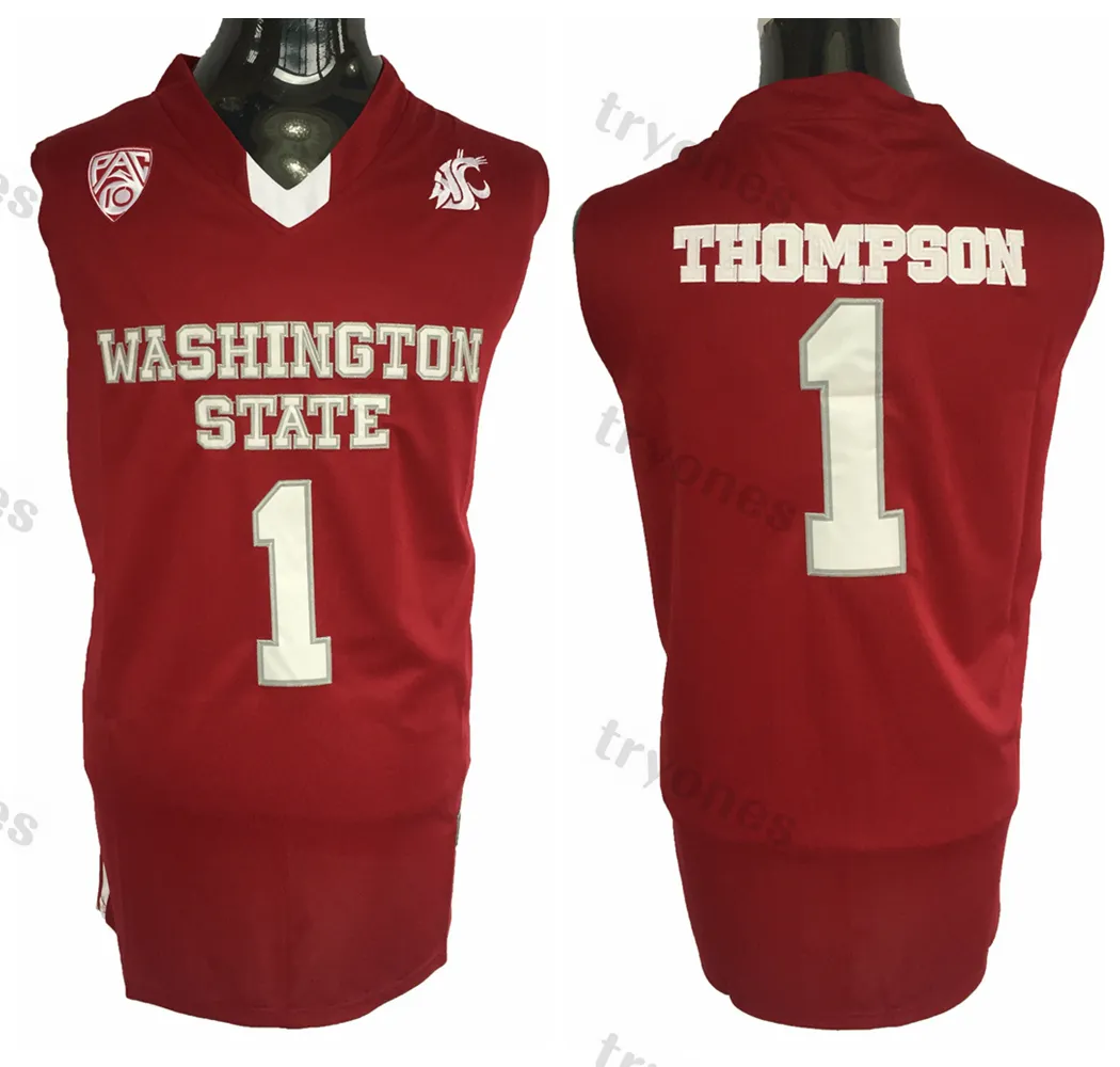 Męskie Vintage Washington State Cougars Klay # 1 Thompson College Koszulki Koszykówka Czerwony Home Szyte Koszulki S-XXL