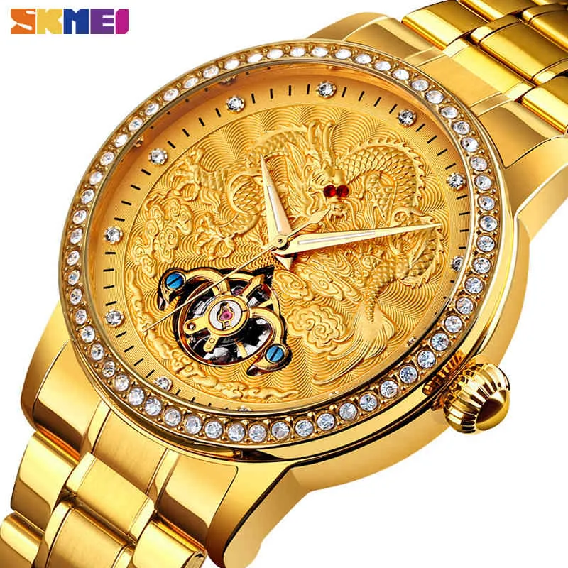 Skmei Luxury Automatiska Mekaniska Män Klockor Dragon Diamond Hollow Big Dial Watch Män Hög Hårdhet Glas Vattentät Reloj 9219 Q0524