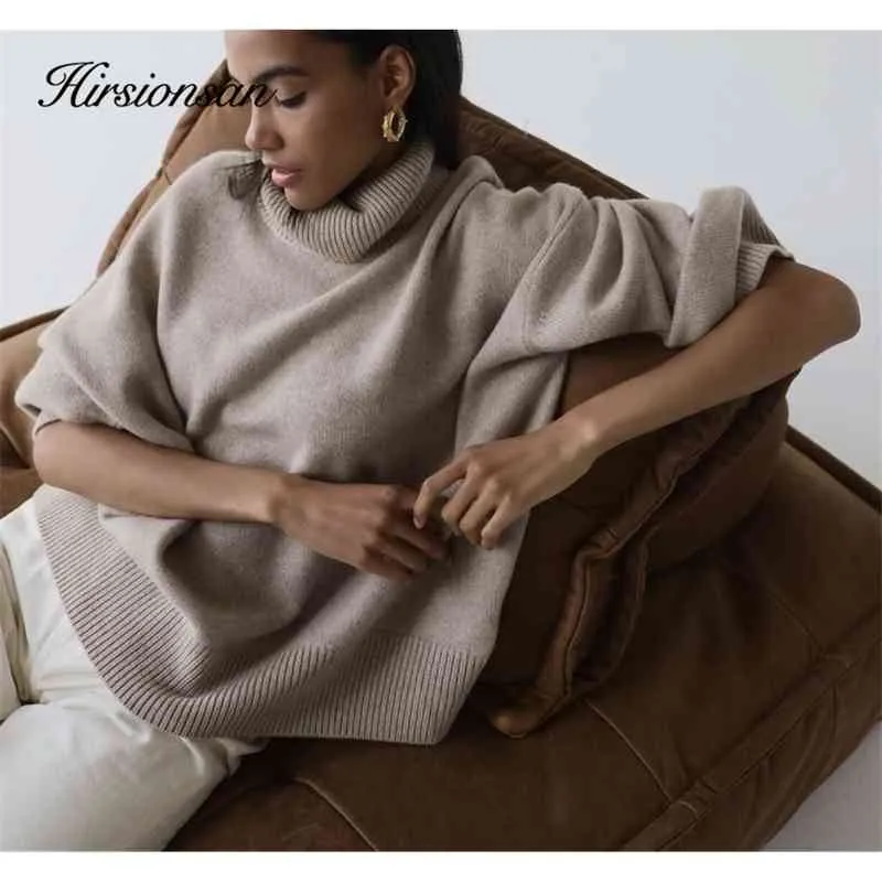 Hirsionsan Turtle Neck Solid Cashmere Sweater Kvinnor Elegant Mjuk Varm Kvinna Strikkad Pullovers Basic Loose Female Jumper 210805