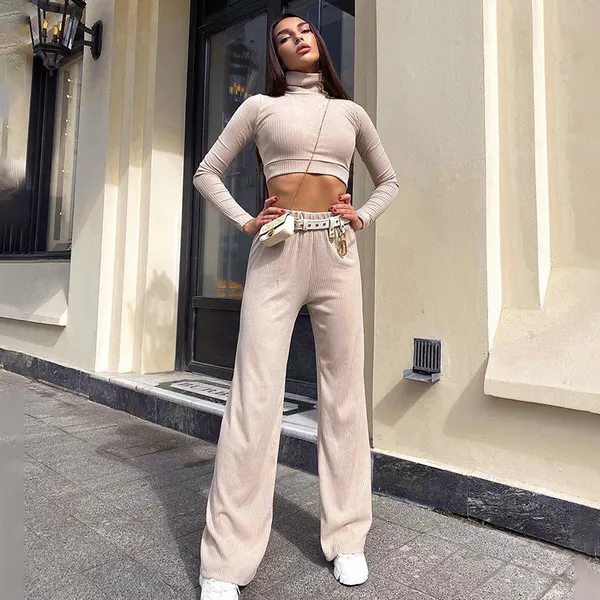 Hot wide leg pant and crop top two piece set long sleeve autumn solid casial elegant turtleneck minimalist classic outfit Y0625