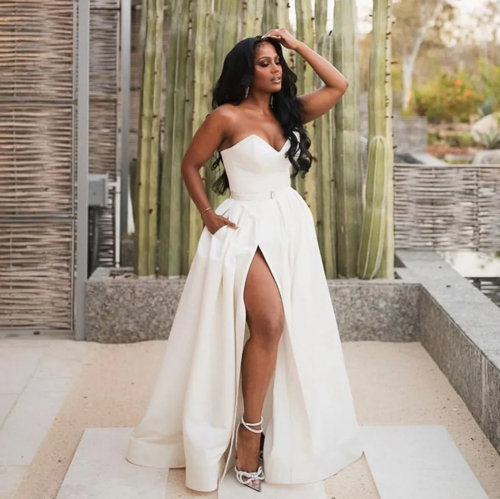 DHgate Elegant A line African Evening Gowns Sweetheart High Split Pockets Sash Celebrity Womens Birthday Party Dinner Date Attire Wedding Party Events