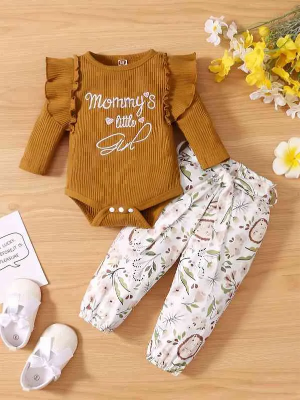 Carta de bebê bordado plissado guarnição bodysuit floral impressão cana cantada ela