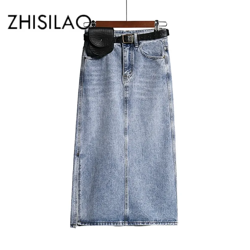 Long Denim Saia Mulheres Vintage High Wasit Jeans com Cinto Plus Size em linha reta Lápis Elegante Verão Chique 210629