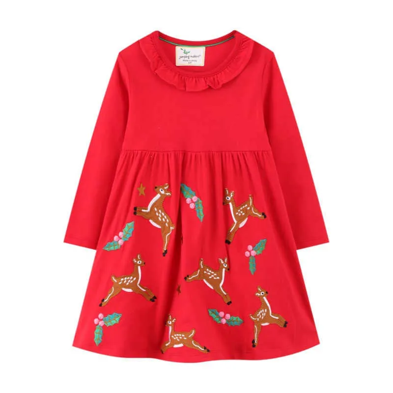 Jumping Meters New Autumn Winter Christmas Dresses Red Deer Embroidery Fashion Baby Girls Clothes Princess Party Tutu Frocks Kid G1026
