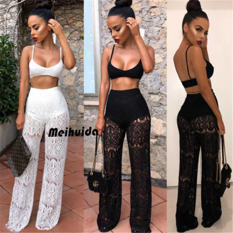 Kvinnor Lace 2st Set Crop Top Tank Toppar Wide Long Långbyxor Kvinna Två Piece Outfits Sexiga Sats Romper Byxor passar Clubwear X0709