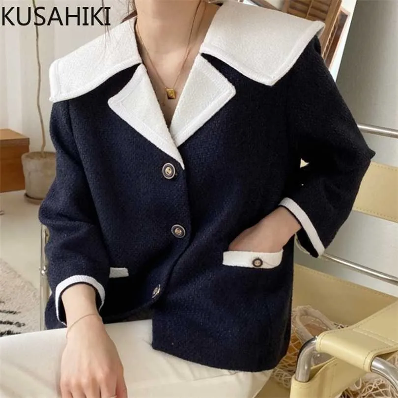 KUSAHIKI Elegant Hit Color Turn-down Collar Tweed Women Jacket Korean Signle Breasted Long Sleeve Outwear Autumn 6Z592 211014