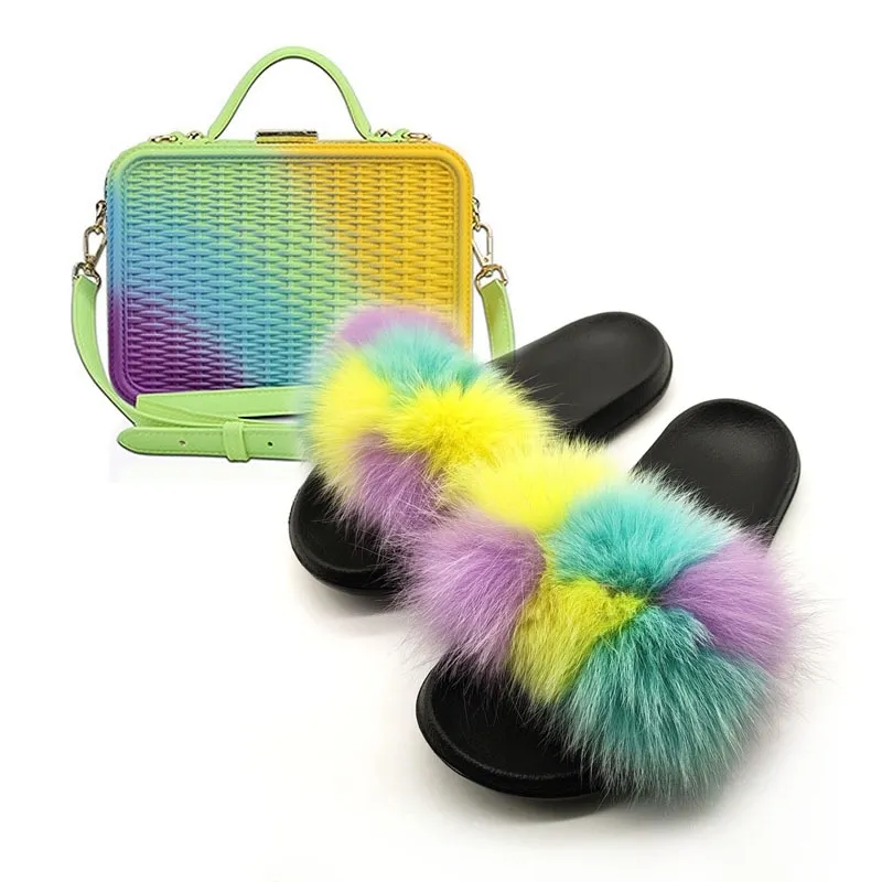 Neue Design Echt Fox Fell Hausschuhe frauen Plüsch Rutschen Angepasst Regenbogen Farbe Weibliche Mode Gelee Taschen Y200423