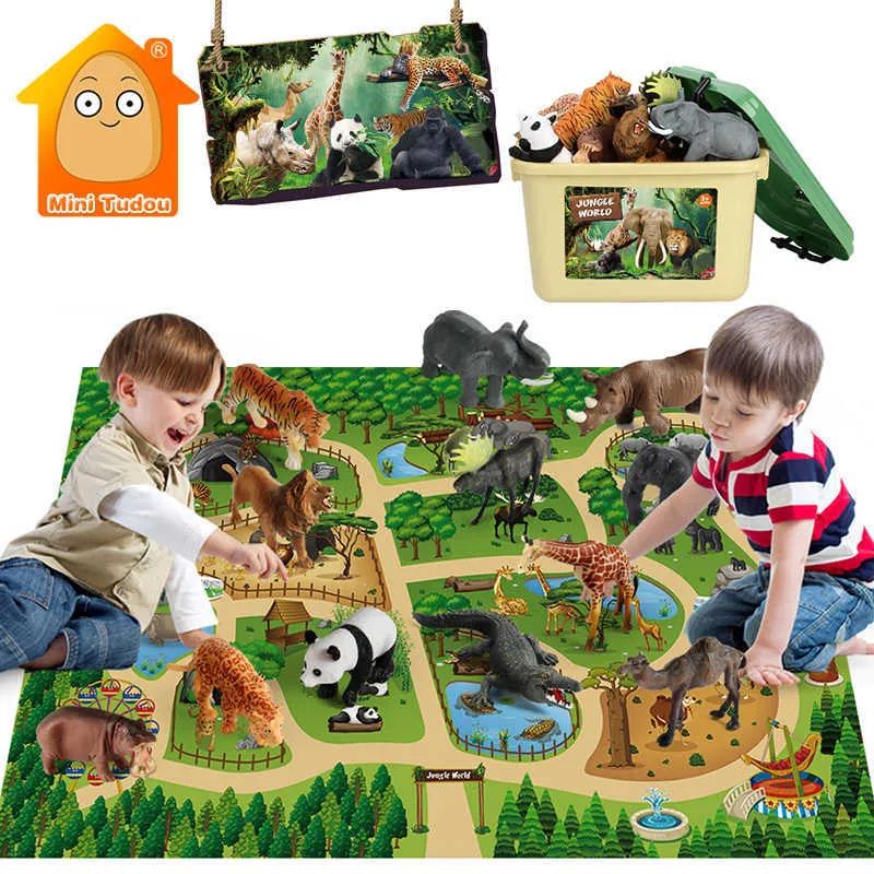 Kids Animal Jungle Zoo Models Play Mat Panda Lion Tiger Giraffe Collection Cloth Map Figure Set Simulation Toy For Children Gift 210724