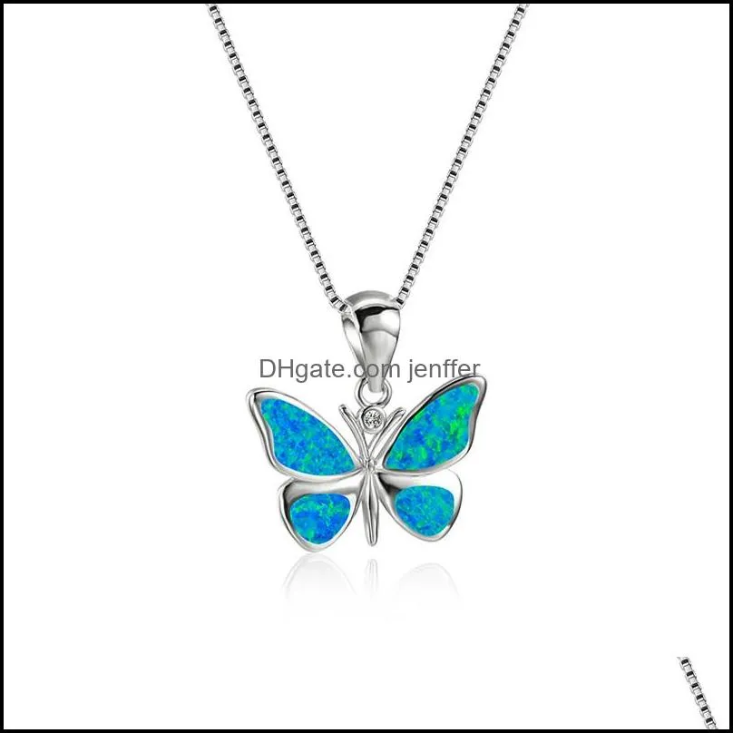 Cute Female Small Butterfly Pendant Necklace Boho White Blue Opal Necklaces For Women Vintage Silver Color Wedding Jewelry1