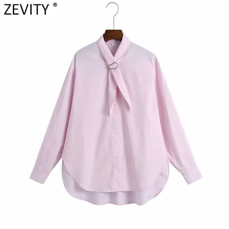 Zeefity Women Simply Stylish Collar Design Pink Poplin Blouse Office Dames Lange Mouwen Losse Shirts Chic Chemise Tops LS9379 210603