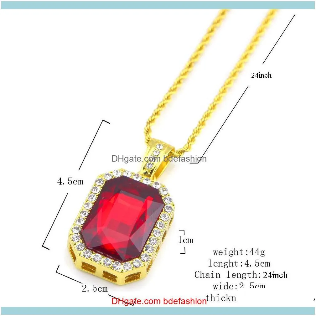 Mens Iced Out Pendant Necklace Faux Micro Ruby Onyx Clear Stone Hip Hop Pendant 24inch Chain Necklace