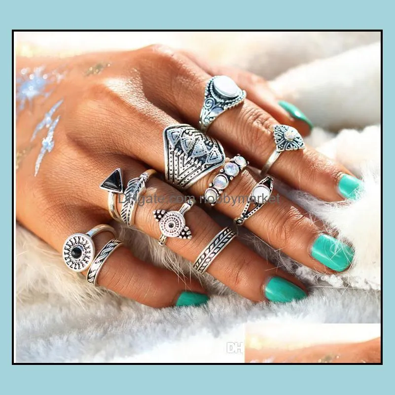 Fashion Leaf Stone arrow Midi Ring Sets New 2017 Vintage ethnic Crystal Opal Knuckle Rings for Women Anillos Mujer Jewelry 10PCS/set