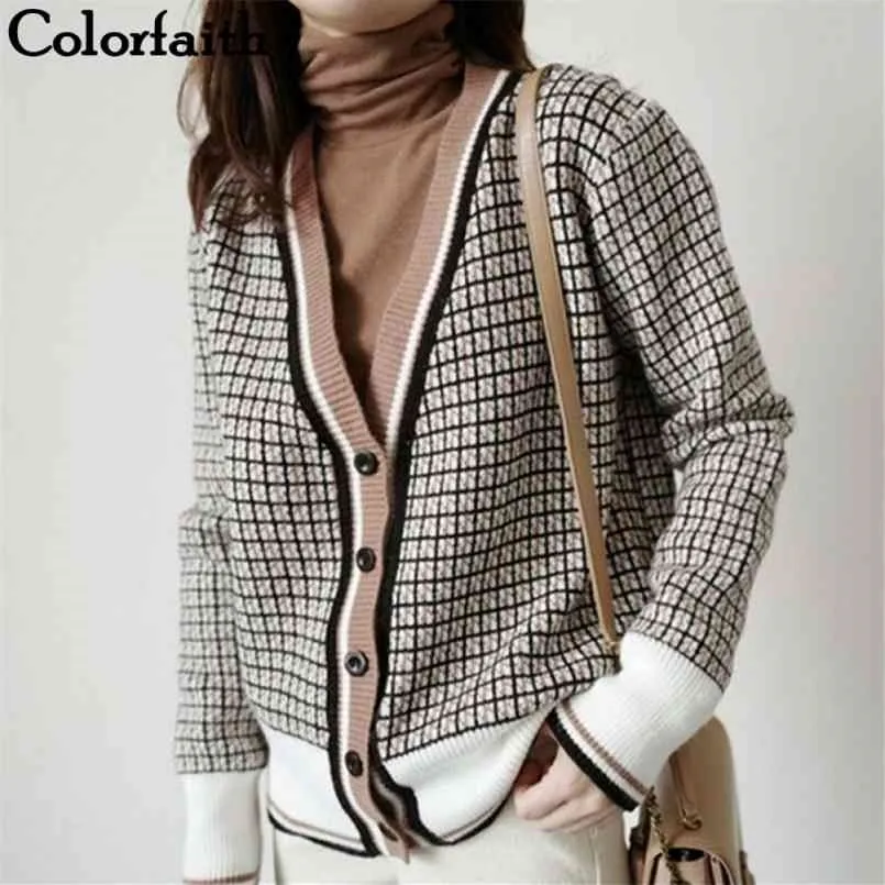 Colorfaith Winter Spring Dames Sweaters Plaid Modieuze Koreaanse stijl Geruit breien Oversize Vesten SWC291 210806