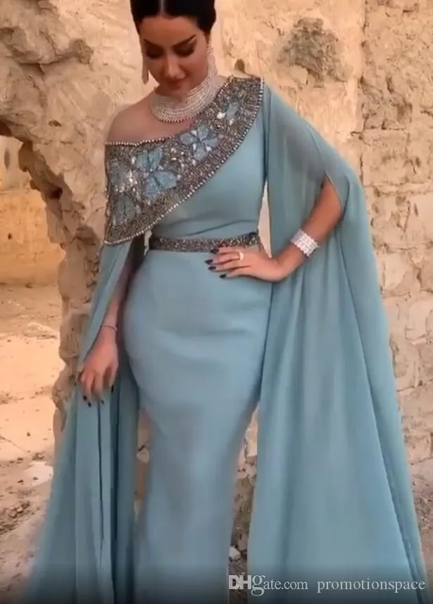 Arabic Dusty Dubai Blue Evening Dresses Mermaid Long Sleeves Beaded Ruched Pleats Crystals Custom Made Prom Party Gown Celebrity Formal Ocn Vestidos