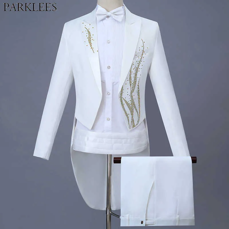 Mens Gold Diamond Embroidery Tuxedo Tailcoat Slim Fit 4 Ppcs Dress Suit Men Party Wedding Dinner Jacket Swallow-Tailed Coat 4XL X0909