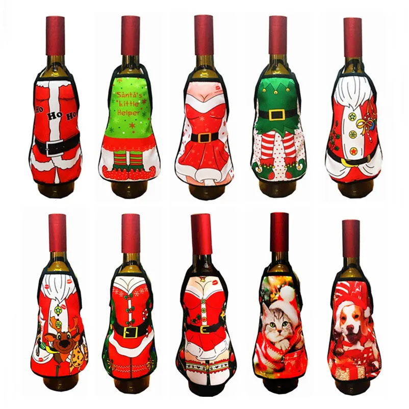 Red Wine Bottle Cover Beer Bottles Champagne Covers Christmas Party Table Decor Mini Xmas Festival Apron Santa Gift Packing Decorations w-00790