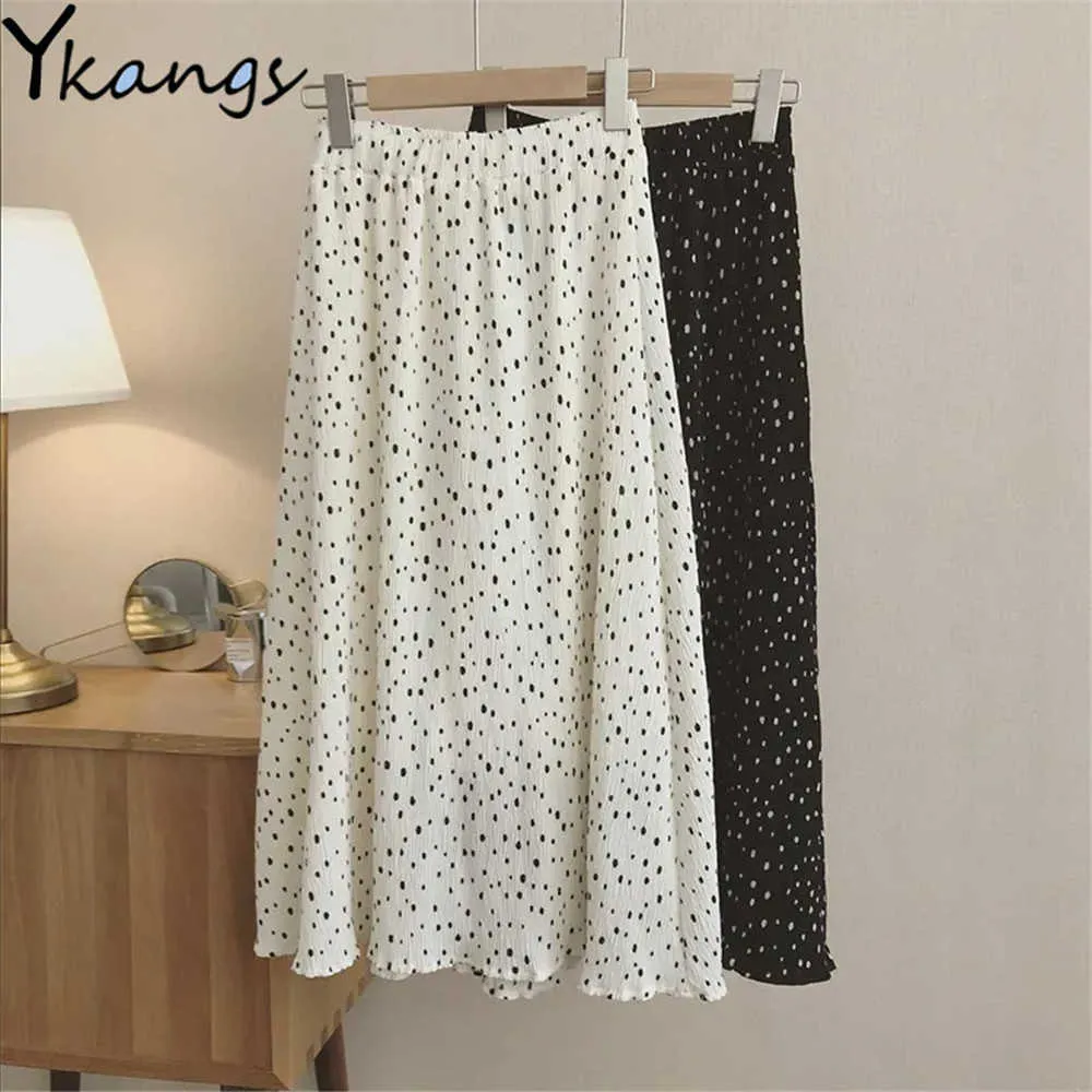 Mulher saia longa bolinhas vintage saias plissadas moda verão branco midi saias coreanos estilo preto a linha streetwear 210619