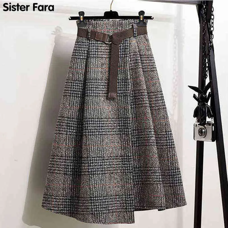 Syster Fara Höst Plaid Asymmetriska Långkjol Kvinnor Plus Storlek A-Line Skirt Office Lady Woolen Winter Tinken Kjolar 211120