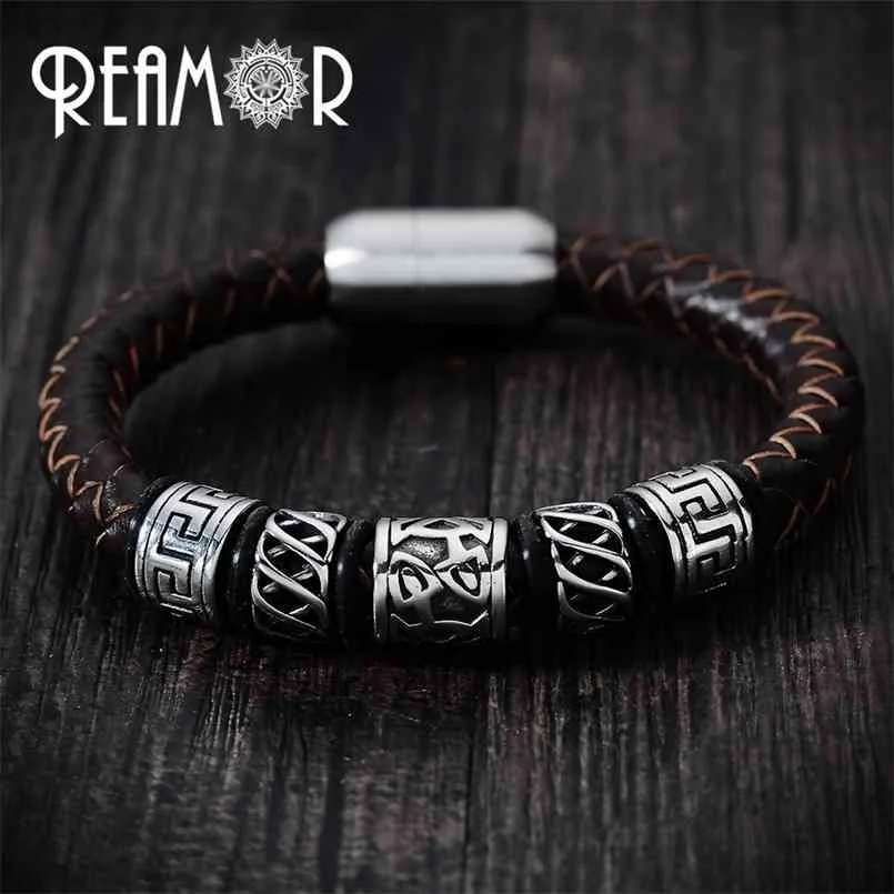 REAMOR Trendy Men Pulseira de Couro Preto 316l Aço Inoxidável Viking Bead Pulseiras com Fecho de Ímã Forte 17-21cm 210918