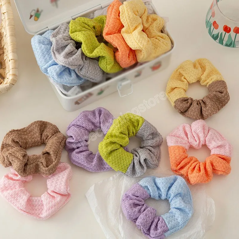 Waffle Cream Scrunchies Cor Sólida Splicing Coreano Cabelo Gravata Anel De Malha Cabelo Cabelo Cute Elastic HairB e Acessórios De Cabelo