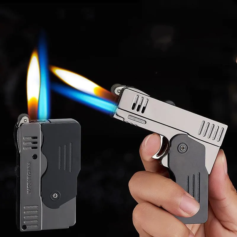 Nouveauté Briquet torche à gaz butane Double feu Déformation Pistolet Jet de feu gratuit Coupe-vent Cigarette Silex Meule Briquet Gadgets