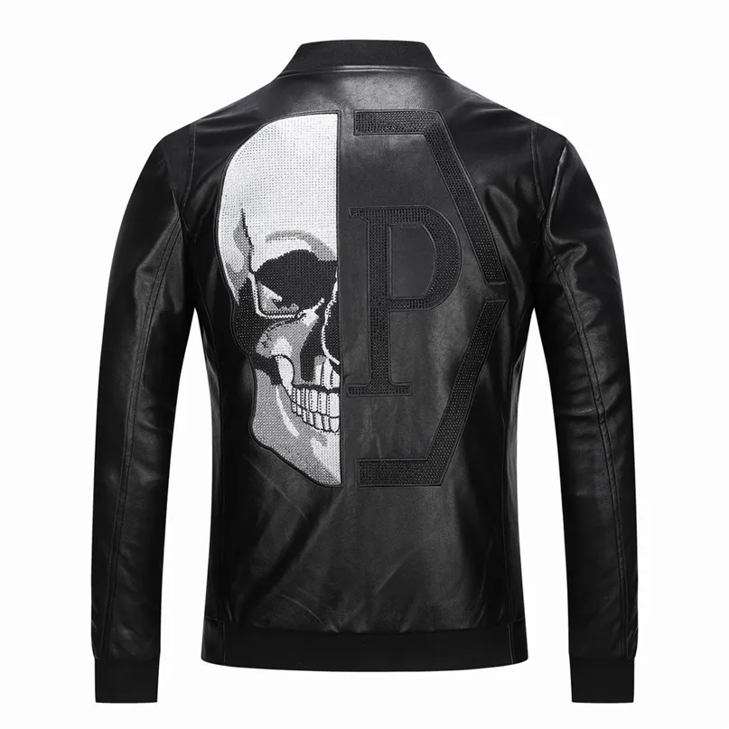 Skull s PU Jackets Men Black High Street Stand-Neck Zipper Rib Sleeve Streetwear Motorcycle Faux Leather Coats 211110