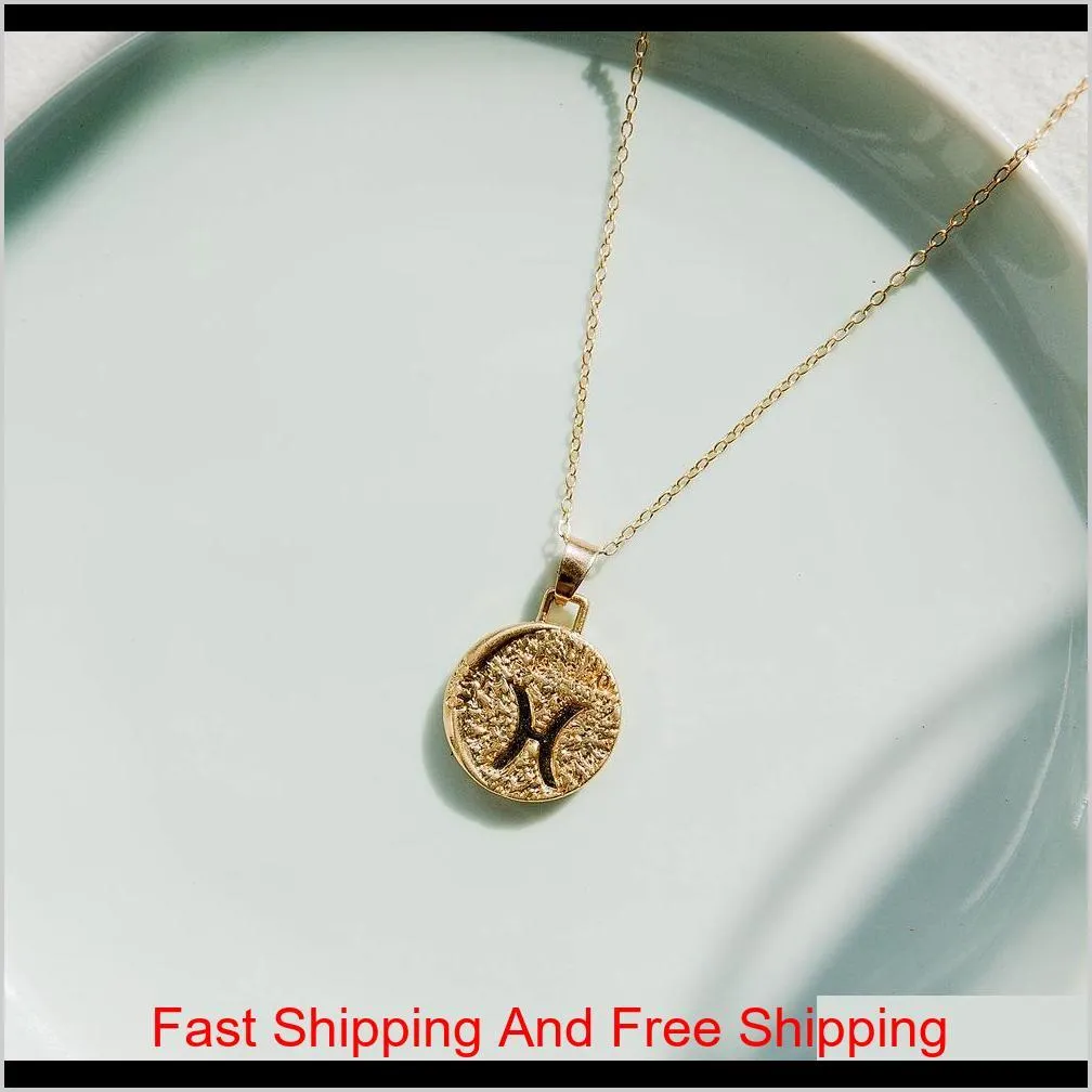 gold chain hammered metal emboss 12 zodiac horoscope astrology pendant necklace retro fashion neck jewelry minimalist round charm