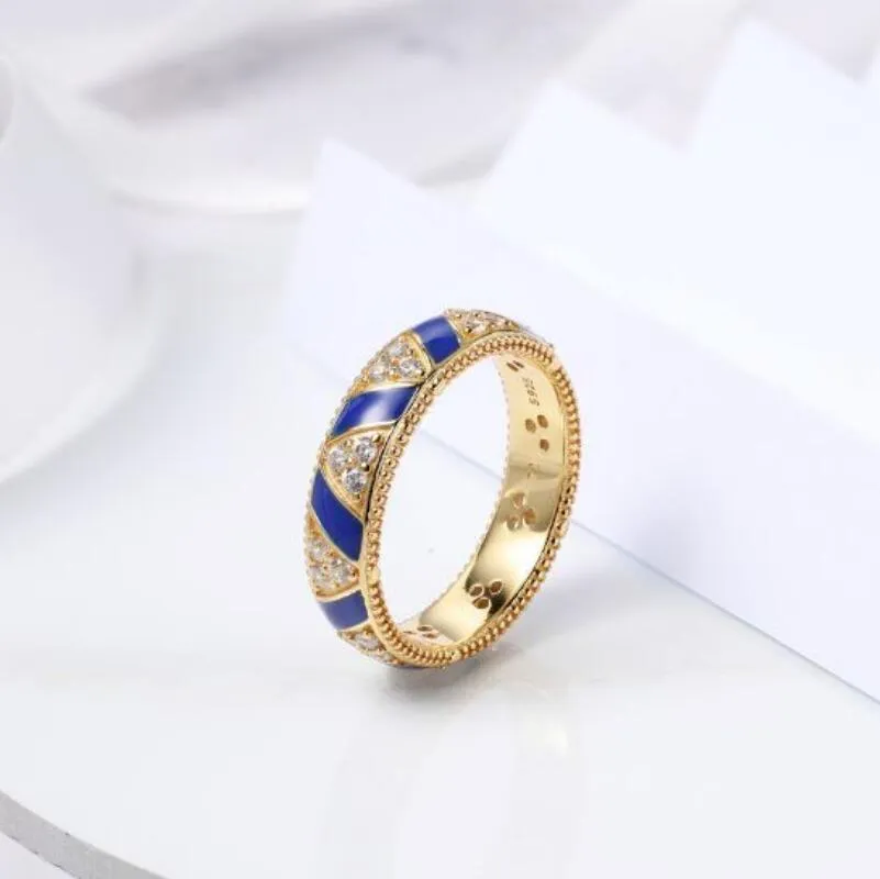 925 스털링 실버 반지 18K 옐로우 골드 여성 남성 반지 원래 상자 판도라 이국적인 돌 줄무늬 럭셔리 디자이너