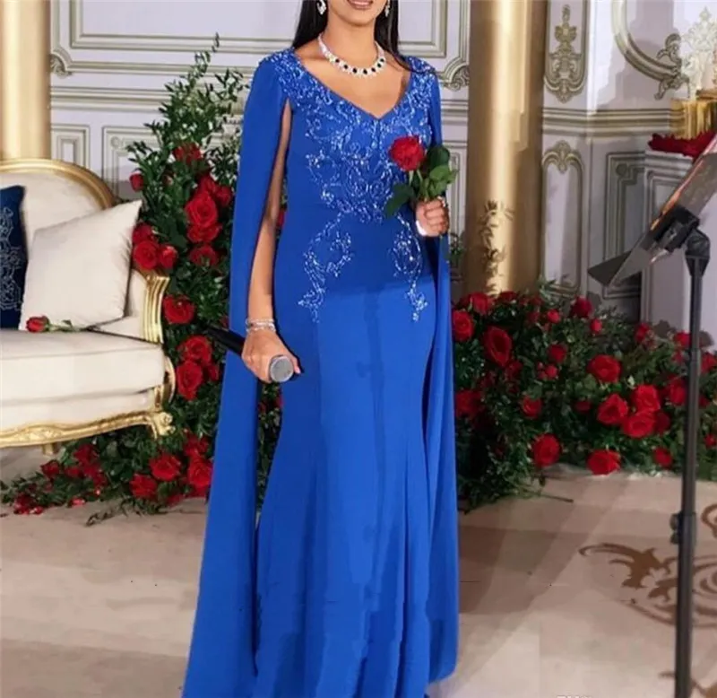 Elegant Arabic Long Mermaid Prom Dresses 2021 Royal Blue Formal Evening Gowns Cape Appliqued Special Occasion Dress V Neck Plus Size Women Wear